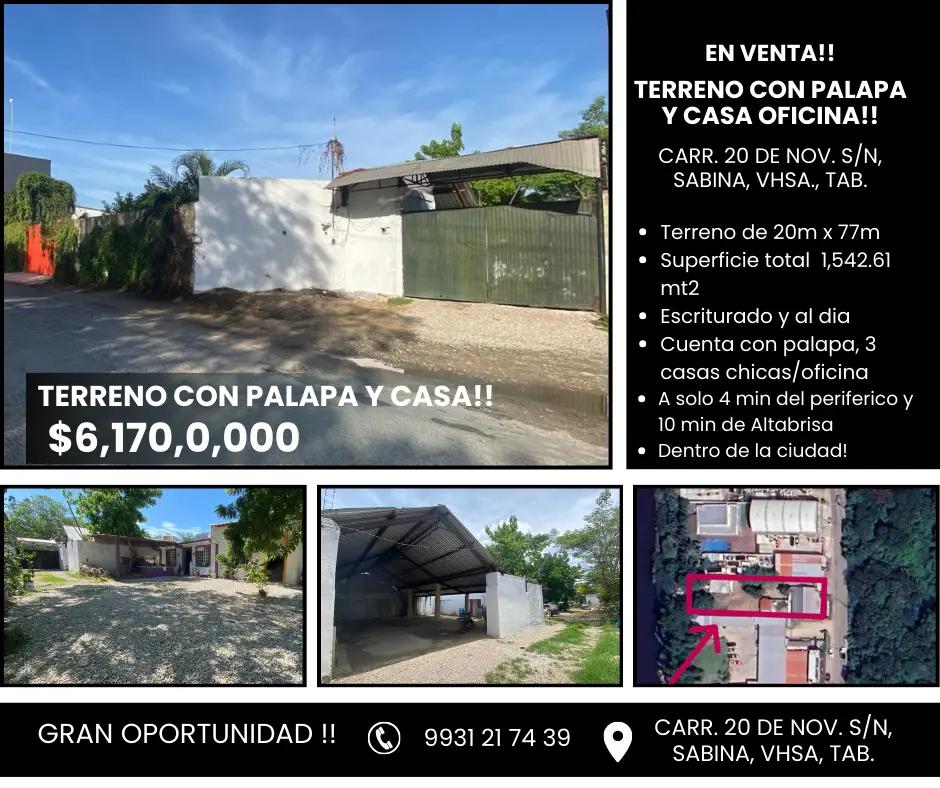 Terreno con palapa y casa/oficina en venta!! Sabina, Vhsa.